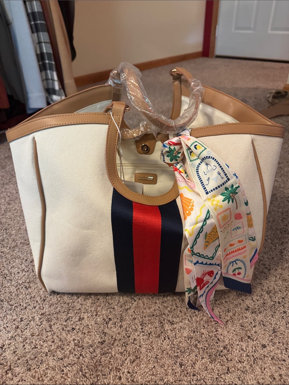 Shiraleah Cream Canvas Tote with Navy and Red Center Stripe and Tan Trim